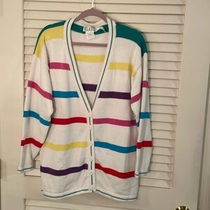 VTG BLAST White Cotton Singular Stripes Happy Multicolor Button Down Sweater